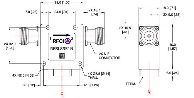 RFCI RFSL8951N 20W N型隔離器尺寸圖