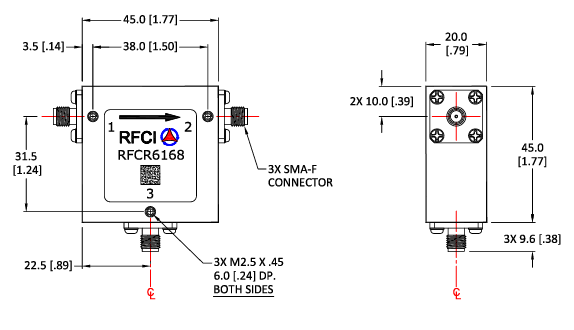 RFCI RFCR6168射頻微波環行器尺寸圖